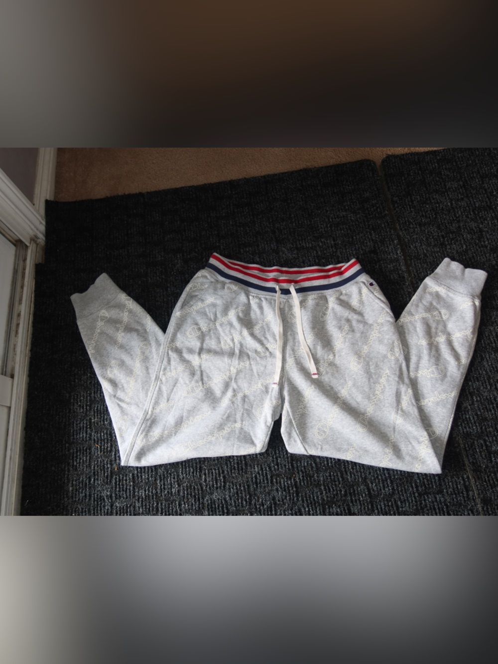 Champion Heather Gray Logo Hoodie with Red, White & Navy Striped Waistband
